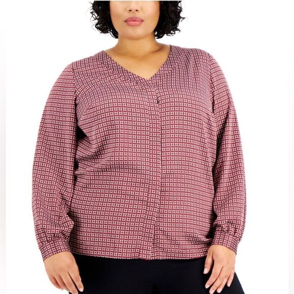 NWT ALFANI Maroon Geometric Long Sleeve V Neck Work Office Blouse Plus 1X - Picture 1 of 11